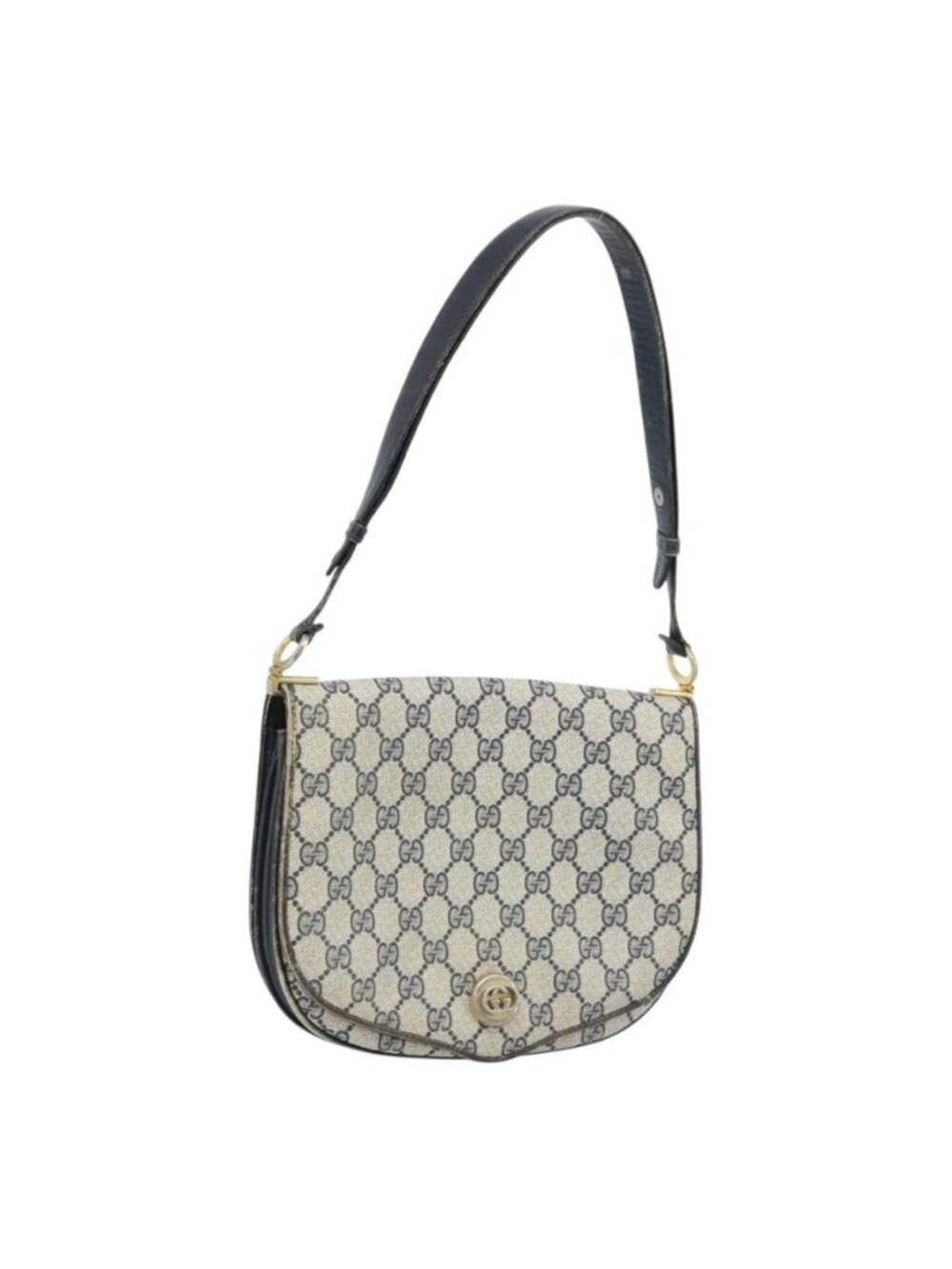 Authentic GUCCI GG Supreme Shoulder Bag PVC Navy Gold